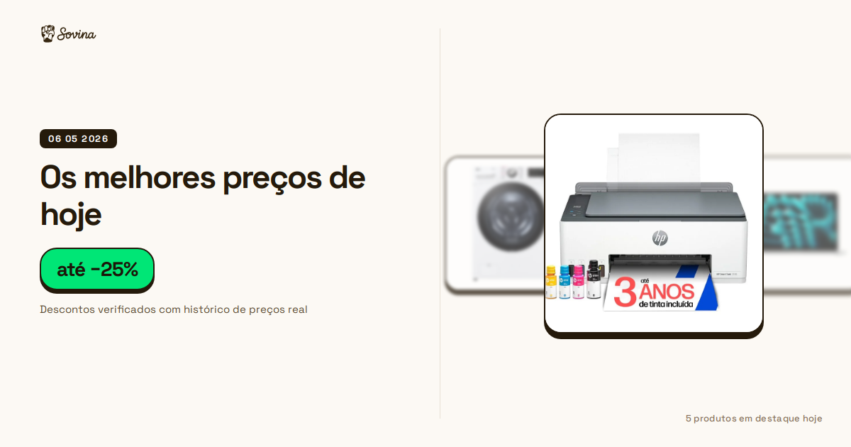 Impressora HP Smart Tank 5105 e MacBook Air em destaque numa seleção de produtos com preço reduzido