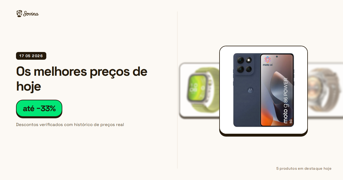Seleção de produtos monitorizados pelo Sovina incluindo smartphone Motorola, smartwatches Huawei e televisão Hisense com preços em queda.