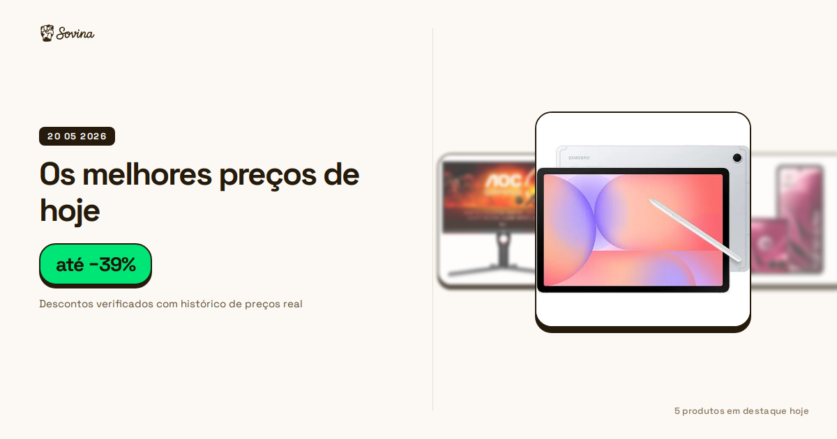 Seleção de produtos monitorizados pelo Sovina, incluindo o tablet Samsung Tab S10 Lite, monitor AOC, smartphone Motorola Razr, soundbar JBL e máquina de lavar loiça Beko.
