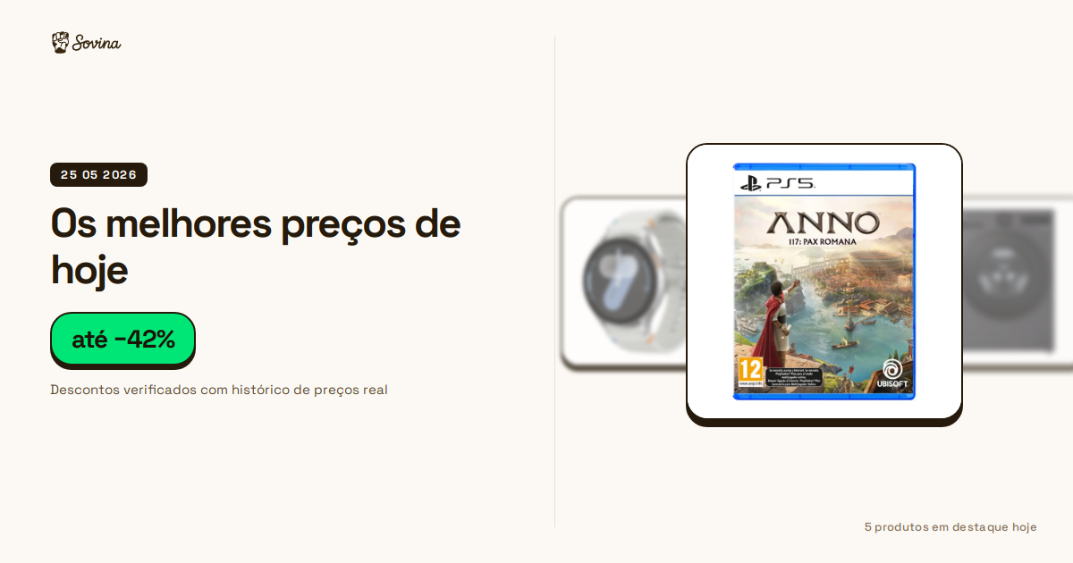 Seleção de produtos monitorizados pelo Sovina incluindo o jogo Anno 117 Pax Romana para PS5 e o smartwatch Samsung Galaxy Watch 7.