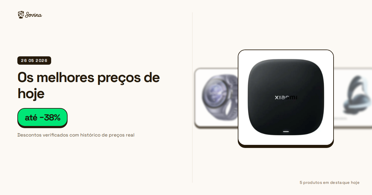 Seleção de produtos tecnológicos incluindo uma Xiaomi TV Box, um Huawei Watch 5 e periféricos gaming com desconto