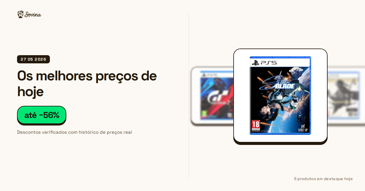 Seleção de jogos e acessórios para PS5, incluindo Stellar Blade e auscultadores Pulse Elite, com preços monitorizados pelo Sovina.