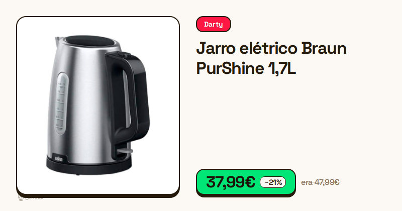 Jarro elétrico Braun PurShine preto de 1,7 litros visto de lado.