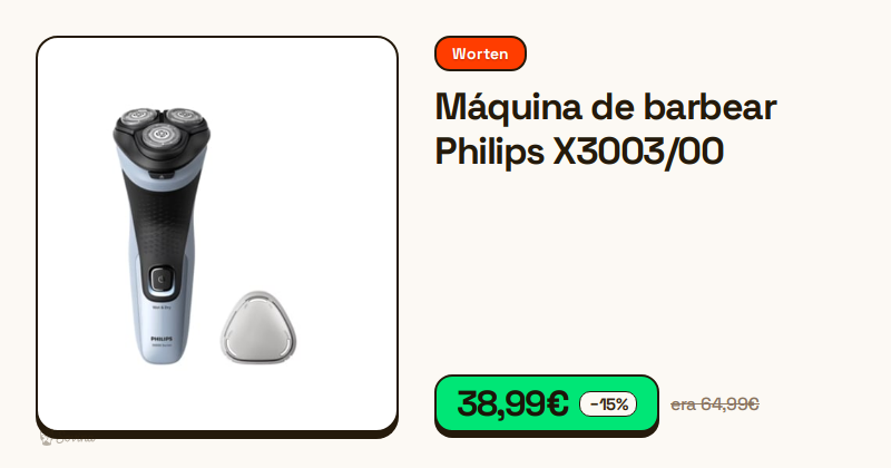 Máquina de barbear Philips X3003 preta com cabeças rotativas.