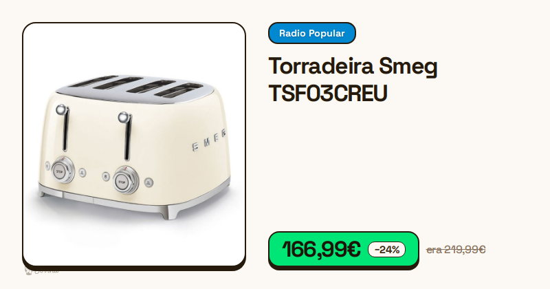 Torradeira Smeg de quatro ranhuras na cor creme de frente.