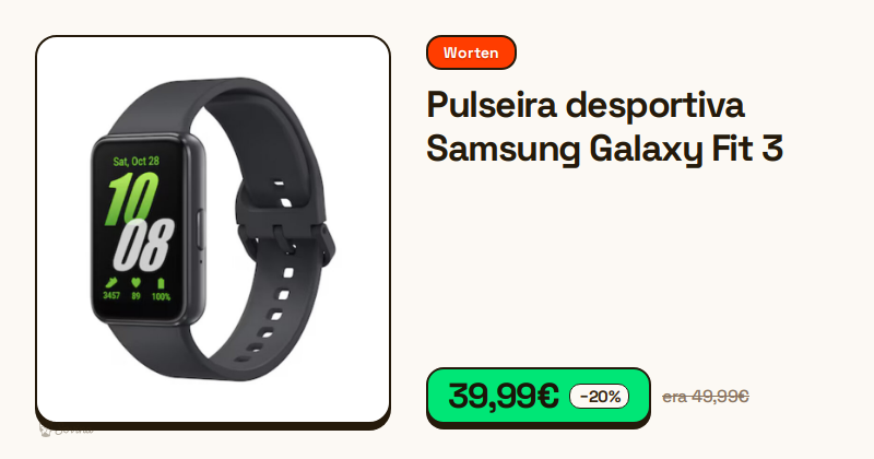 Pulseira desportiva Samsung Galaxy Fit 3 na cor preta com o ecrã ligado.