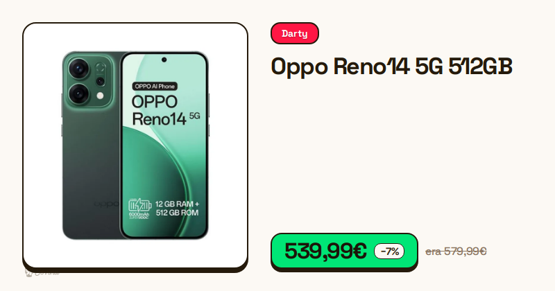 Smartphone Oppo Reno14 5G cor verde luminoso visto de frente