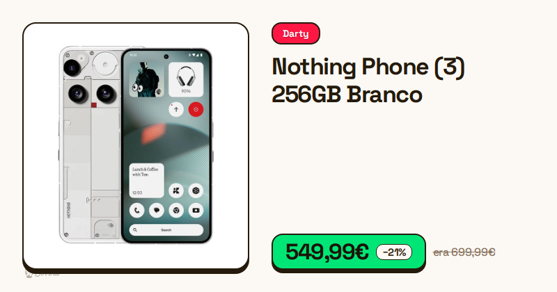 Smartphone Nothing Phone (3) na cor branca visto de frente e de costas.
