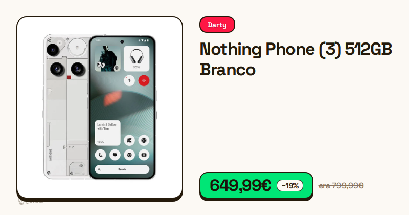 Smartphone Nothing Phone (3) na cor branca com 512GB de memória.