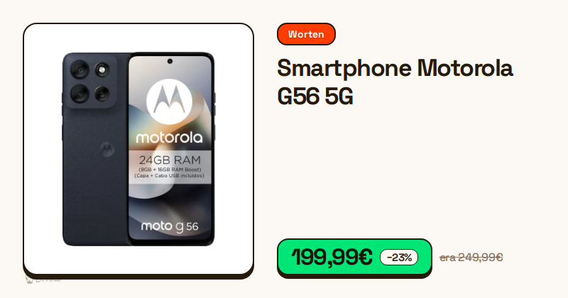 Smartphone Motorola G56 5G de cor preta visto de frente.