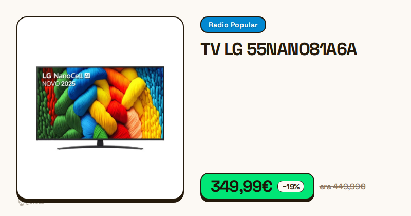 Televisor LG 55NANO81A6A de 55 polegadas com ecrã ligado