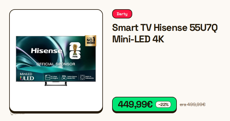 Televisor Hisense 55 polegadas Mini-LED 4K montado em suporte.
