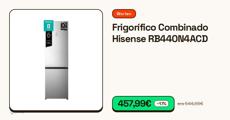 Frigorífico combinado Hisense de duas portas em aço inoxidável.