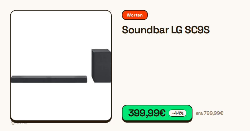 Soundbar LG SC9S com subwoofer sem fios num fundo neutro.