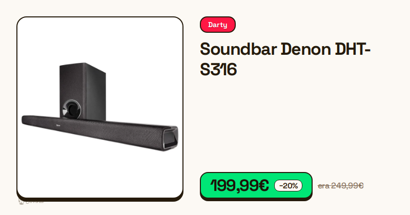 Soundbar Denon DHT-S316 de cor preta com subwoofer.