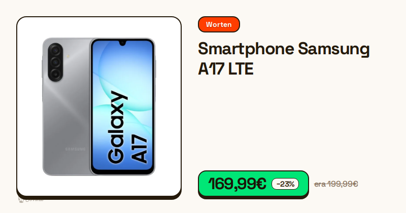 Smartphone Samsung A17 na cor cinzento visto de frente e de trás.