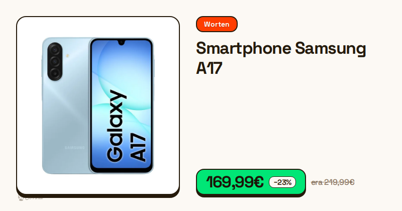 Smartphone Samsung A17 de cor azul visto de frente.