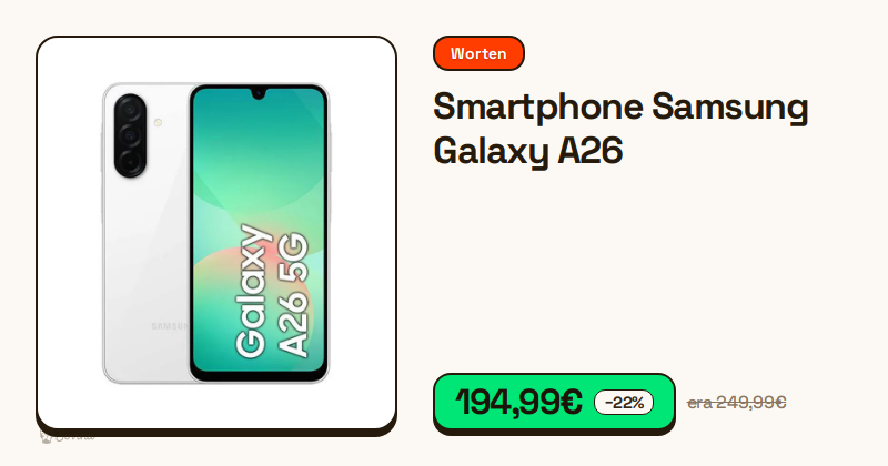 Smartphone Samsung Galaxy A26 na cor branca visto de frente.