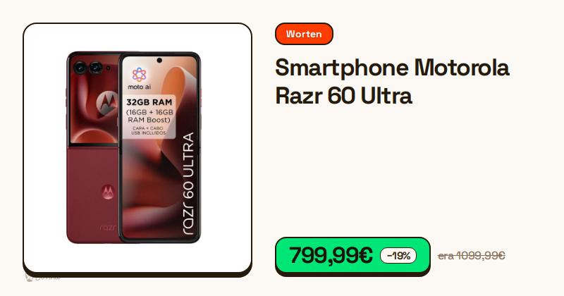 Smartphone dobrável Motorola Razr 60 Ultra na cor vermelha aberto.