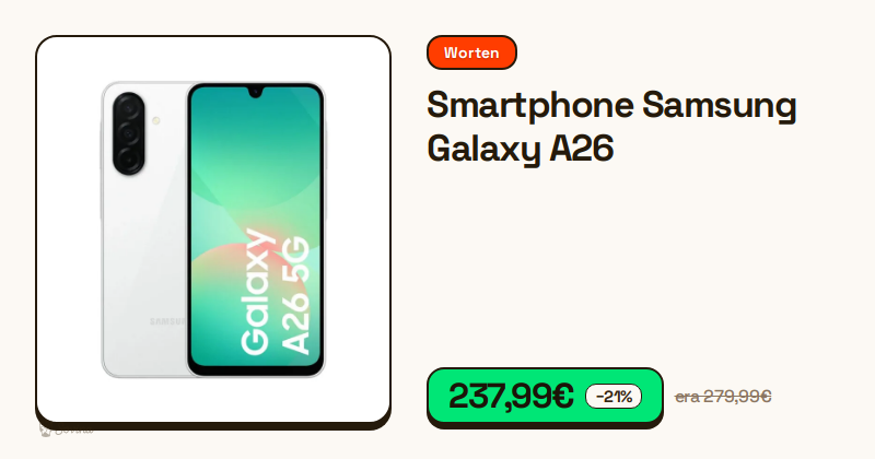 Smartphone Samsung Galaxy A26 na cor branca com 256 GB de armazenamento.