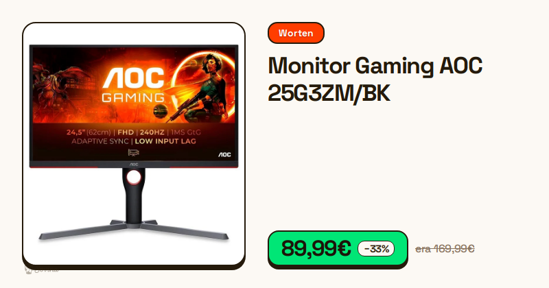 Monitor gaming AOC de 24.5 polegadas sobre suporte ajustável.