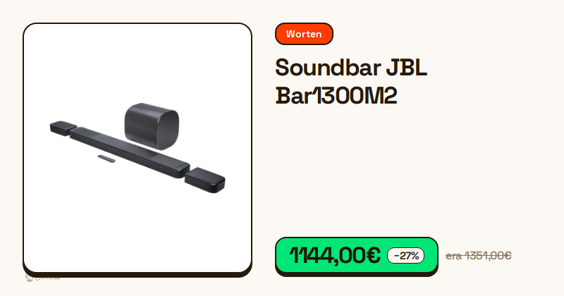 Soundbar JBL Bar1300M2 preta acompanhada pelo subwoofer sem fios.