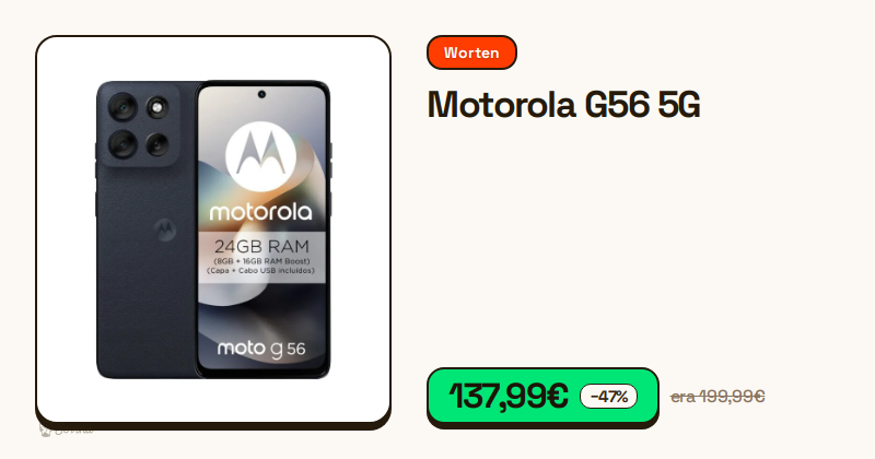 Smartphone Motorola G56 5G preto visto de frente e de trás.