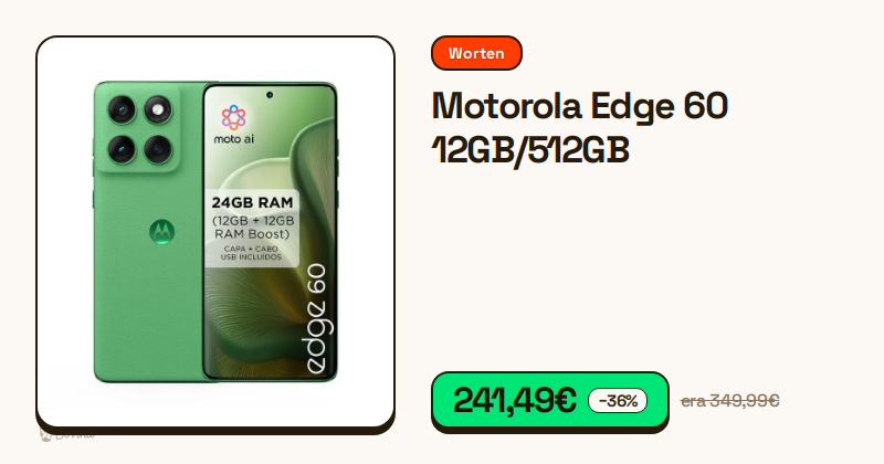 Smartphone Motorola Edge 60 na cor verde com 12GB de RAM.