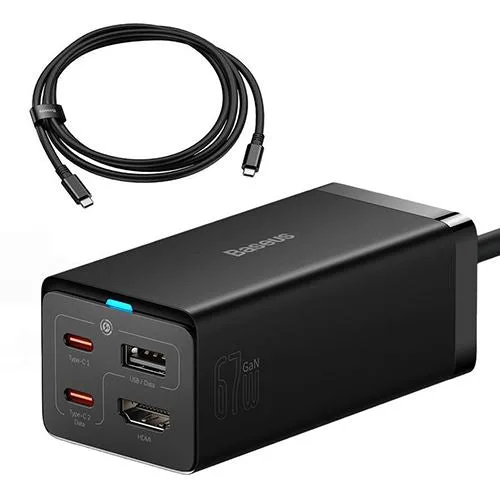 Carregador Baseus Gan5 Pro 2 x USB- C+ USB+ HDMI + Cabo USB-C 67W - Preto