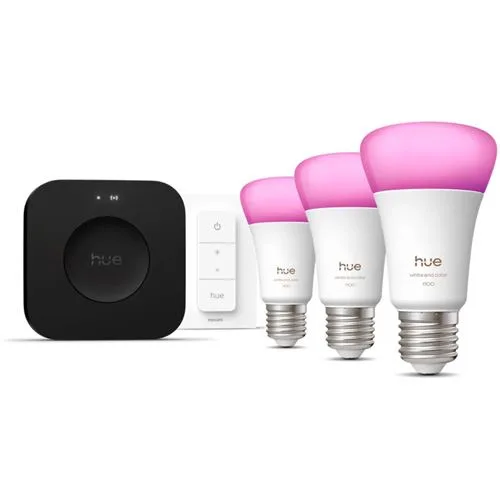 Conjunto PHILIPS Hue Inicial: 3 lâmpadas inteligentes E27 + interruptor dimmer + Hue Bridge Pro